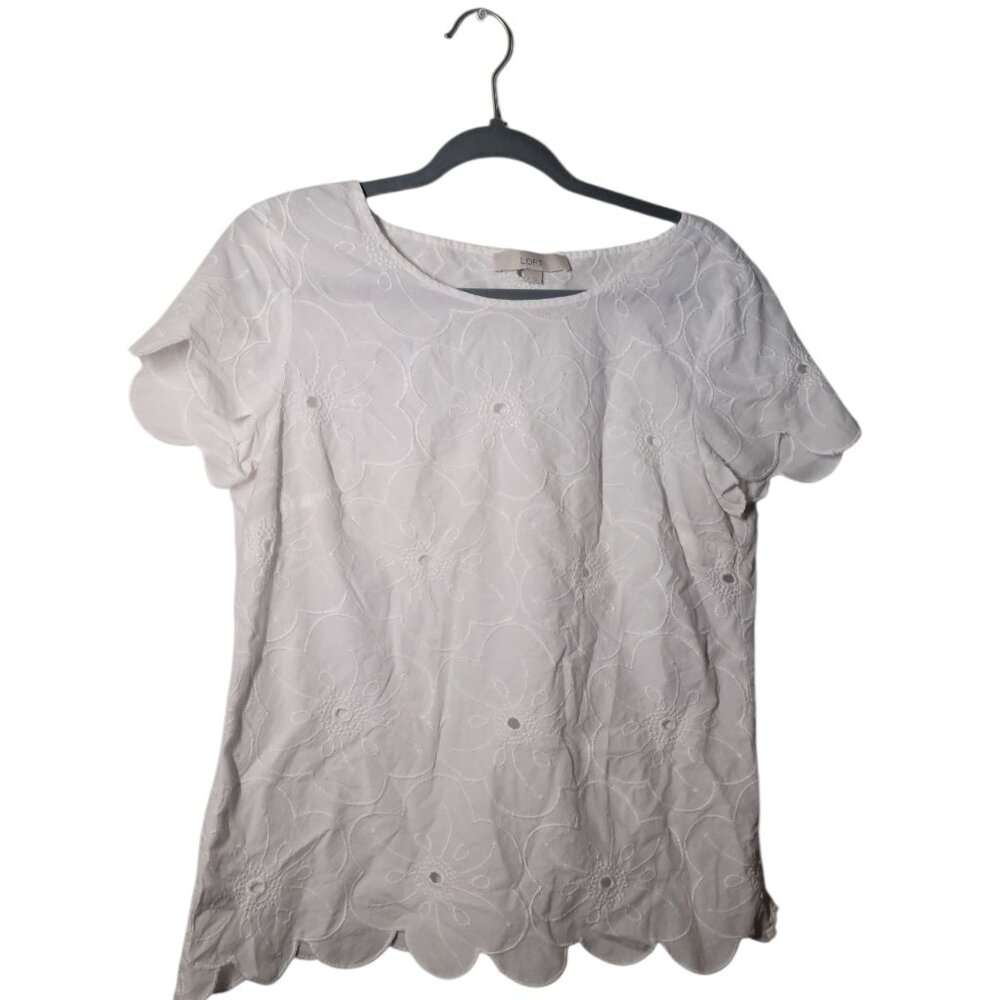 LOFT Whimsy Croquet Embroidered Floral Texture Scalloped Hemline Top - Picture 4 of 4